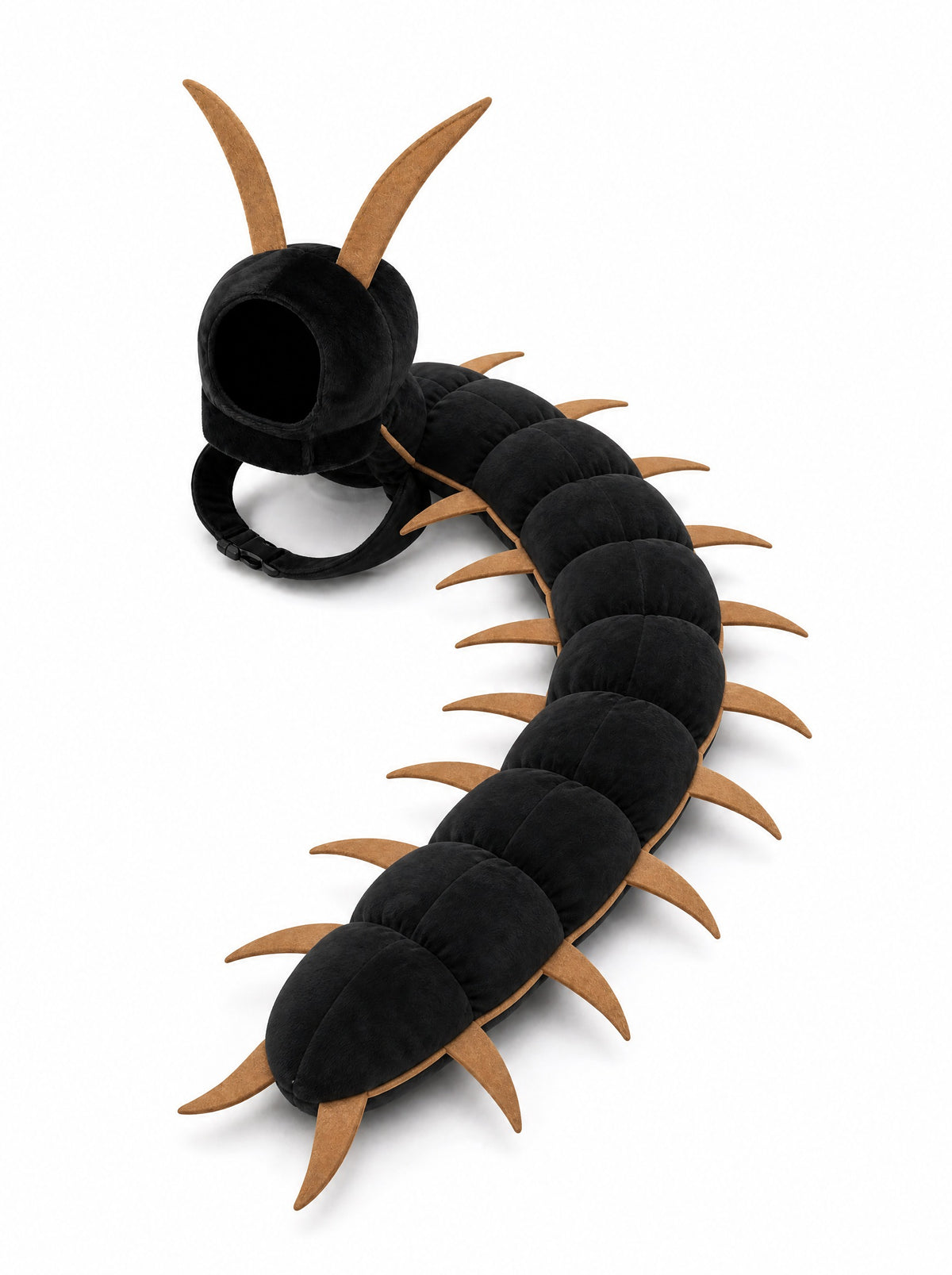 The Scuttlecat cat centipede costume in black with tan legs, laid out on white