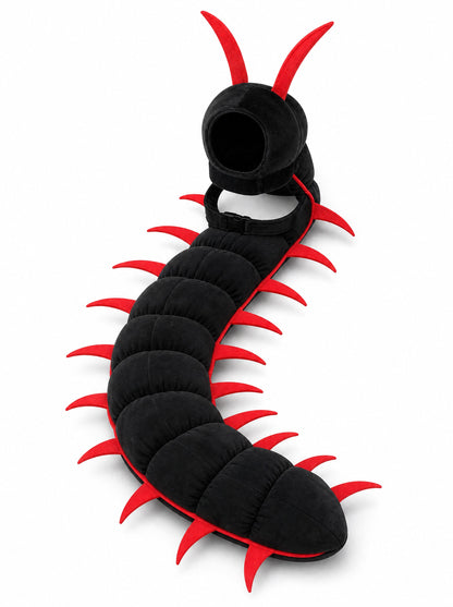The Scuttlecat cat centipede costume in black with red legs, laid out on white