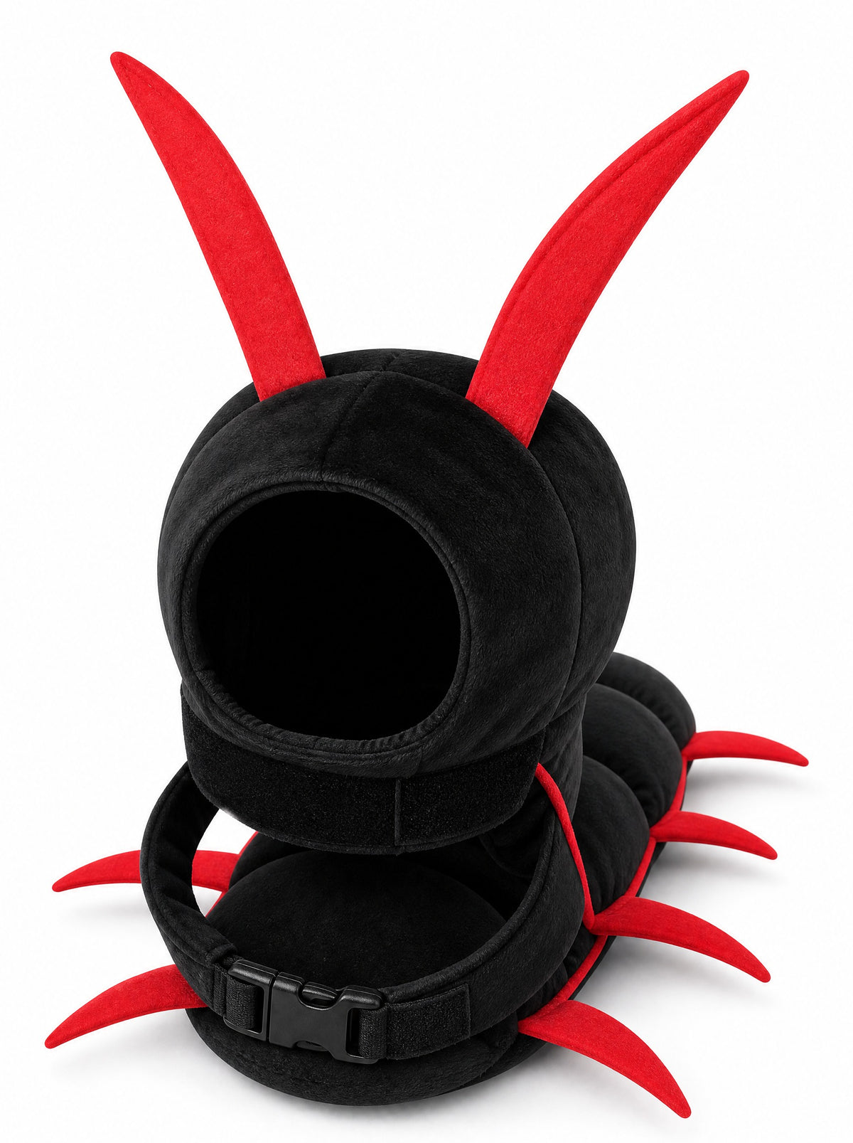 Close up of the Scuttlecat hood, antennae and adjustable strap buckle